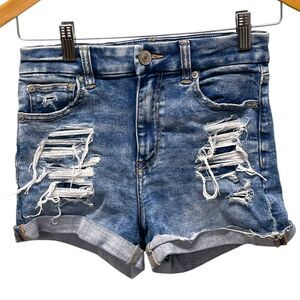 American Eagle Denim Shorts 00 Stretch Distressed Cuffed Curvy Hi Rise Shortie